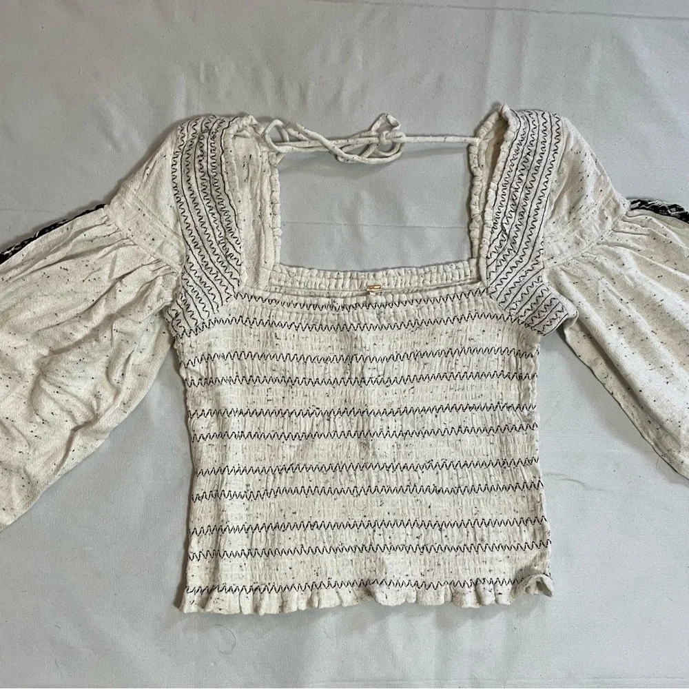 NWT New $148 Free People Maggie Embroidered Shirred Ivory Blouse Top Size S